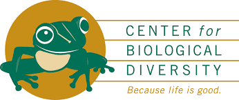 The logo for the Center for Biological Diversity with an animated green frog on a yellow circle background and the tagline "Because life is good."