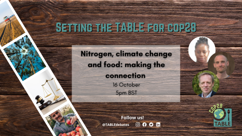 A flyer advertising the "Setting the Table for COP28” series and the event “Nitrogen, climate change and food: making the connection”. There is a photo strip of agricultural landscapes laying on a wooden table and the TABLE logo in the corner. There are photos of the speakers Wim de Vries, Rasmus Einarsson, and Pauline Chivenge.