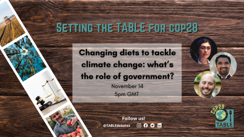 A flyer advertising the "Setting the Table for COP28” series and the event “Changing diets to tackle climate change: what’s the role of government?” on 14 November 2023 with photos of the speakers Dustin Benton, Dhanush Dinesh, & Arghanoon Farhikhtah. There is a photo strip of agricultural landscapes laying on a wooden table and the TABLE logo in the corner.