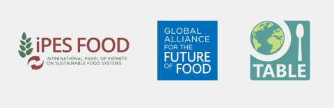 The logos for the organisations collaborating on the Fuel to Fork podcast: IPES-Food, the Global Alliance for the Future of Food, and TABLE.