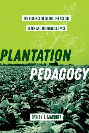 Title cover of book Plantation Pedagogy. Image contains the title and author names across a green field of crops.