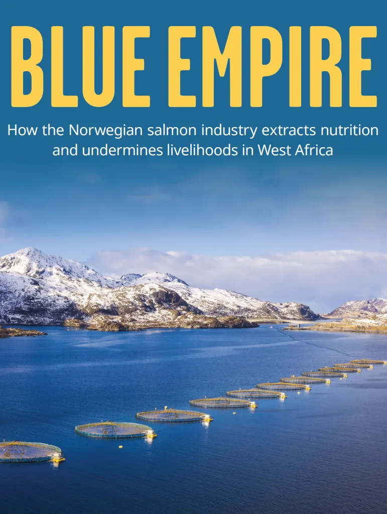 Image: Front cover of Feedback’s report titled “Blue Empire” showing aquaculture farms in a mountainous lake