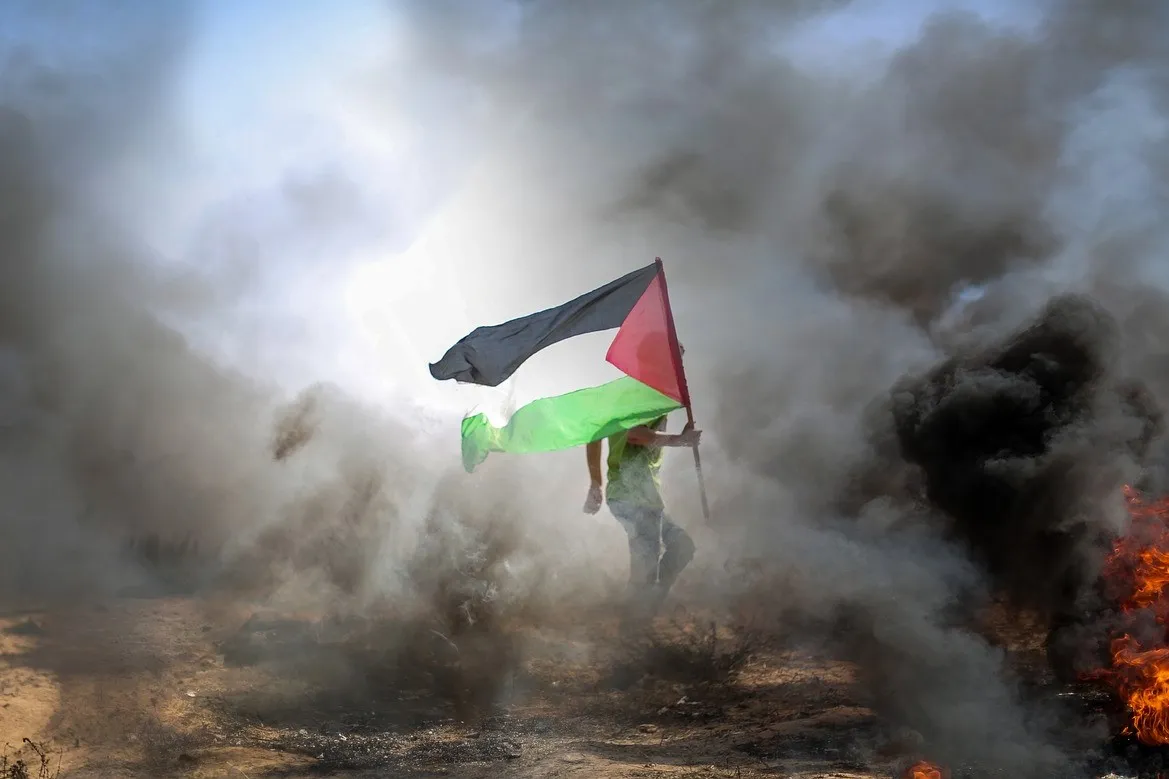 Image of someone holding a Palestinian flag in a burning field. Photo by hosnysalah via Pixabay