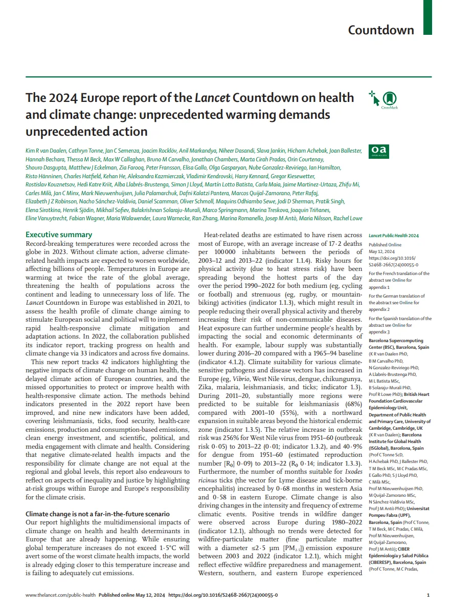Image: First page of the 2024 Europe report of the Lancet Countdown