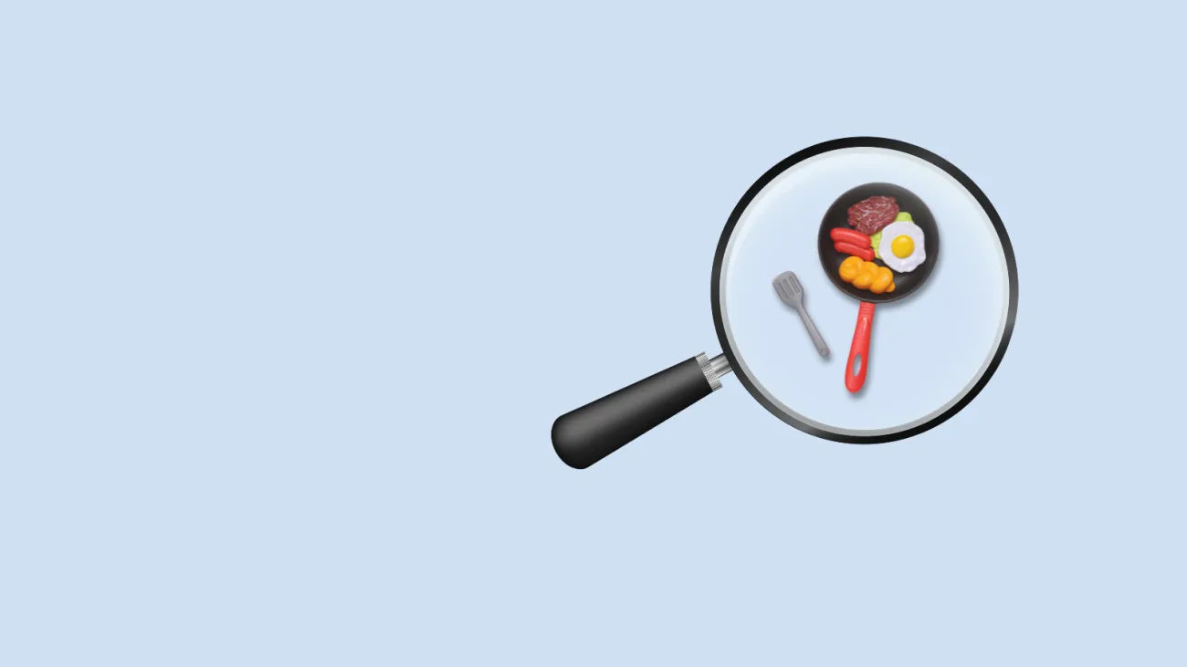 Banner for the alternative protein webinar with a small plastic frying pan with various plastic food inside, underneath a magnifying glass.