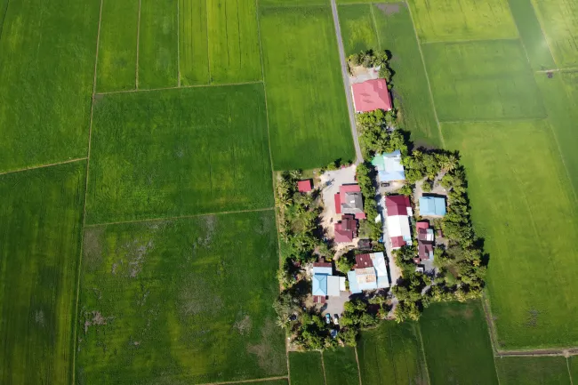 Alt text: Aerial image of green land parcel with small cottages amidst rice fields. Photo by Alor Setar via Pexels.