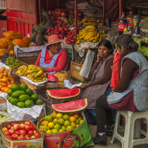 Three women sit at a market stall selling fruit in La Paz, Bolivia. Image credits: Lesly Derksen, Unsplash, Unsplash Licence.