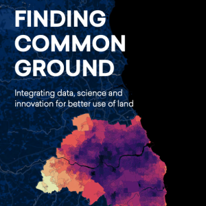 Cover of Finding Common Ground: integrating data, science and innovation for better use of land by The Geospatial Commission. Features image of air pollution outcomes of modelled land use scenarios in Newcastle, developed by The Alan Turing Institute as part of the National Land Data Programme pilot.