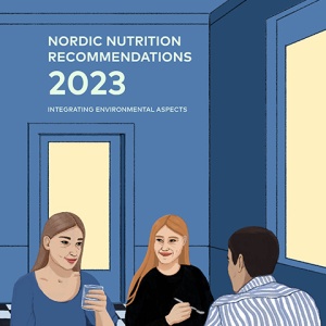 Cover of the Nordic Nutrient Report 2023, featuring a cartoon of three people having a communal meal