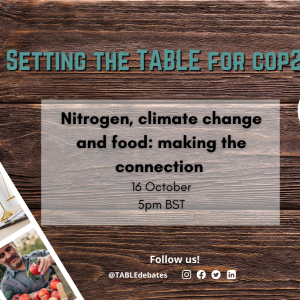 A flyer advertising the "Setting the Table for COP28” series and the event “Nitrogen, climate change and food: making the connection”. There is a photo strip of agricultural landscapes laying on a wooden table and the TABLE logo in the corner. There are photos of the speakers Wim de Vries, Rasmus Einarsson, and Pauline Chivenge.