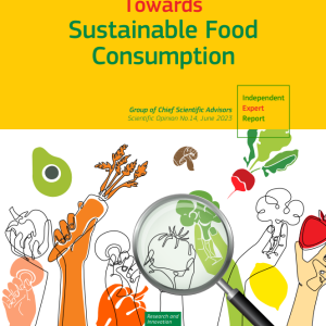 The cover of the European Commission report Towards sustainable food consumption with illustrations of hands holding various vegetables. 