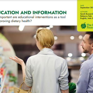 Cover of How important are educational interventions as a tool for improving dietary health?, a report by the Food Foundation showing two people browsing a supermarket isle