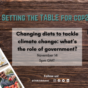 A flyer advertising the "Setting the Table for COP28” series and the event “Changing diets to tackle climate change: what’s the role of government?” on 14 November 2023 with photos of the speakers Dustin Benton, Dhanush Dinesh, & Arghanoon Farhikhtah. There is a photo strip of agricultural landscapes laying on a wooden table and the TABLE logo in the corner.