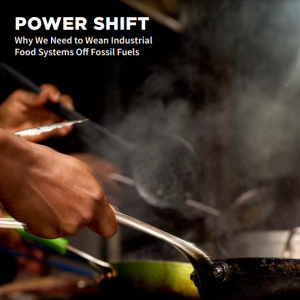 The cover of Power Shifts, a report by the Global Alliance for the Future of Food. Image is of a hand holding a saucepan