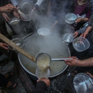 Photo of food being laddled from a large pot, surrounded by hands holding empty bowls in Gaza. Image by Yousef Masoud via Pixabay.