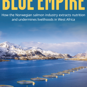 Image: Front cover of Feedback’s report titled “Blue Empire” showing aquaculture farms in a mountainous lake