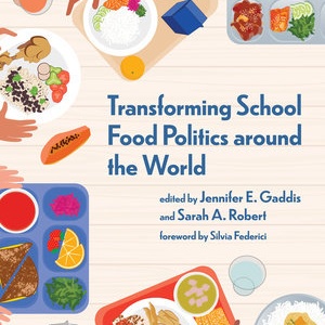 Front cover of book with graphics of school food 