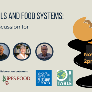 The flyer for the event "Fossil fuels and food systems: a policy discussion for COP29" on 4 November at 2pm GMT. There is an illustration of a rotten egg leaking gas and black oil from the yolk. The logo for the podcast "Fuel to Fork" is in the corner and the logos for IPES-Food, the Global Alliance for the Future of Food, and TABLE.